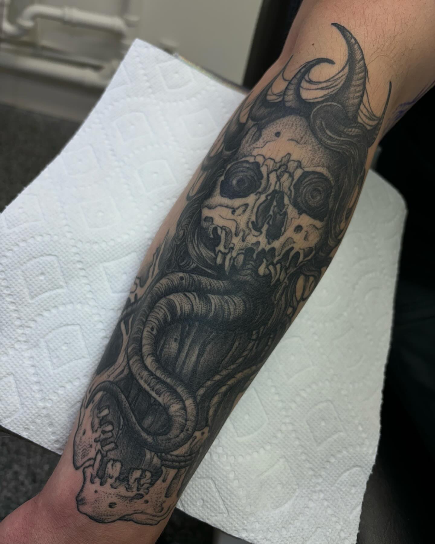 Skull with tentacles realism tattoo on the forearm by 𝐀𝐘𝐀𝐍𝐀𝐇