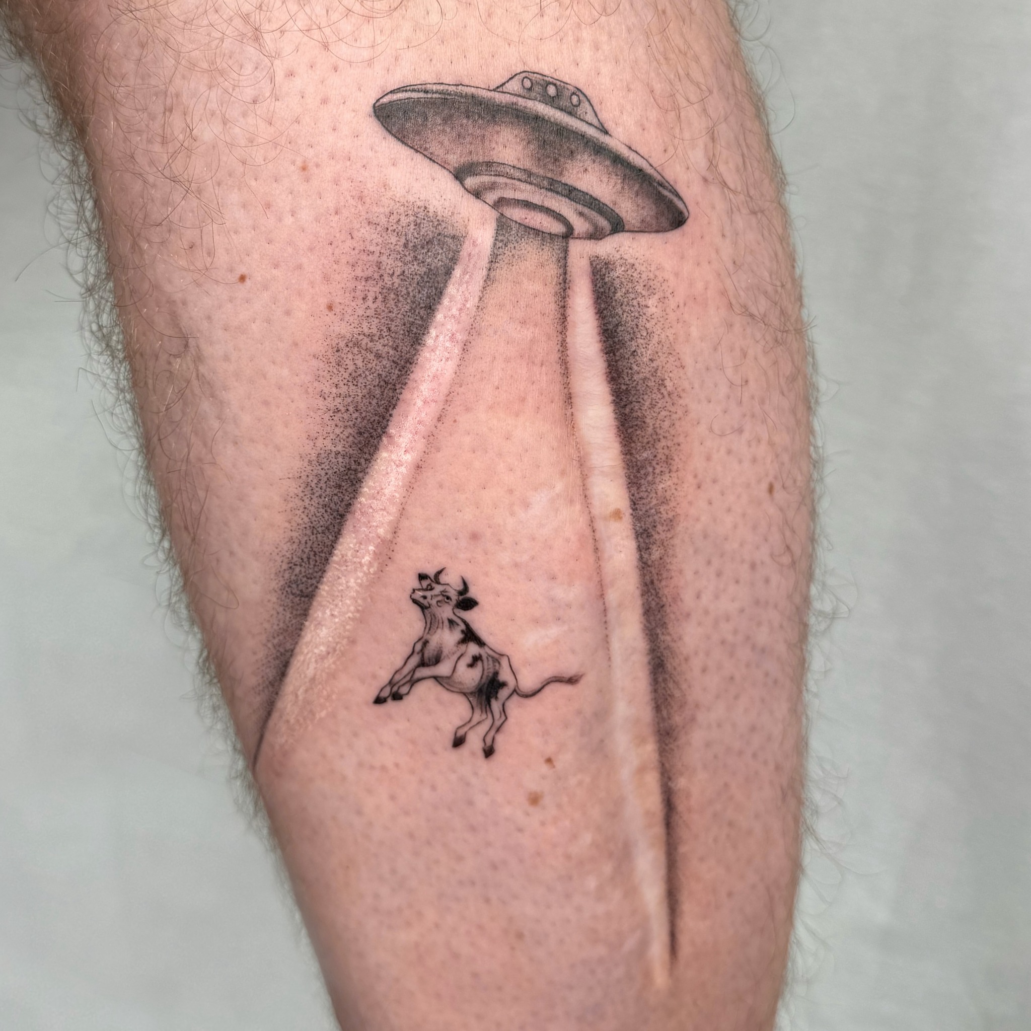 UFO abduction dotwork tattoo on the forearm by RyAnn Lynn