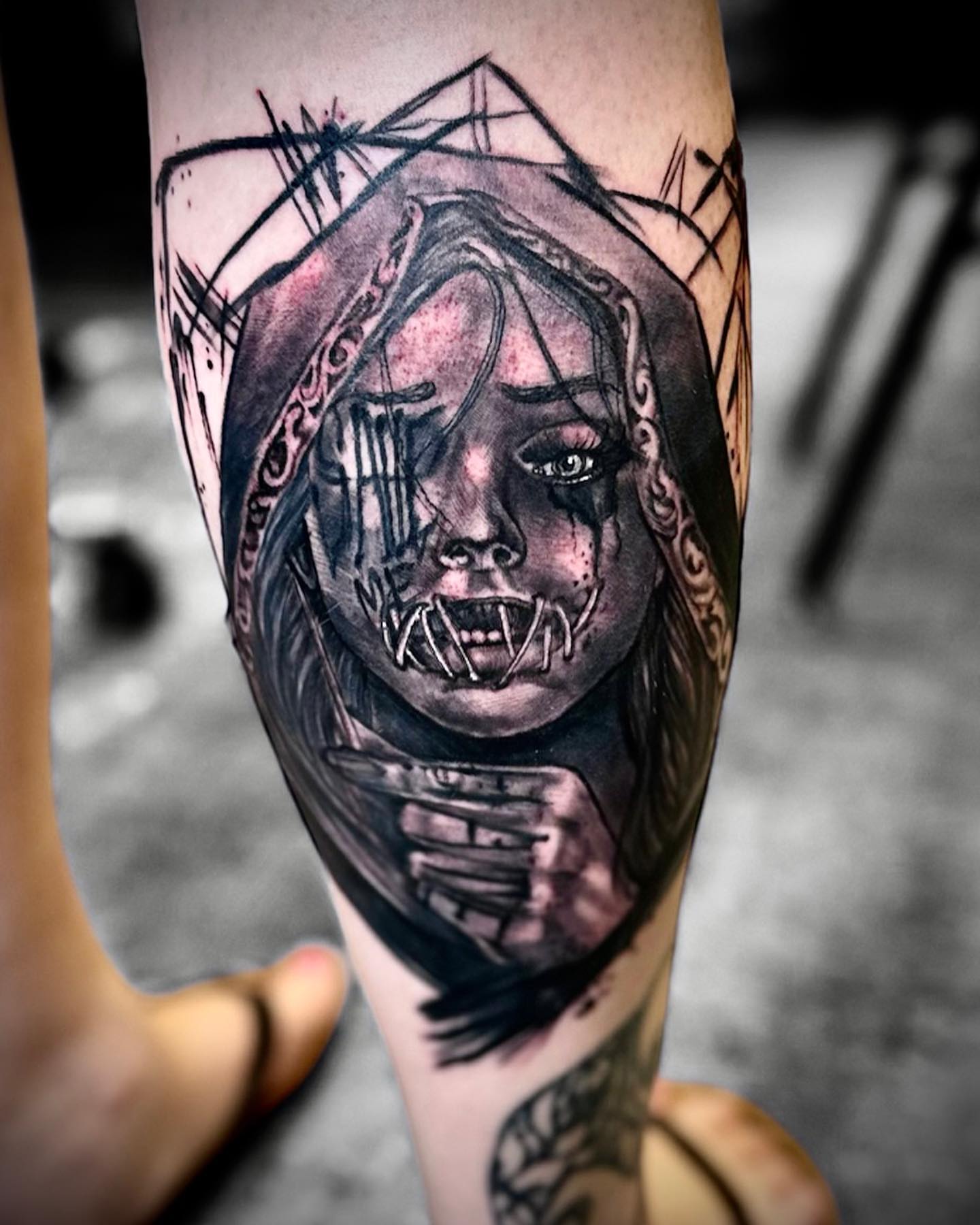 Woman with chains dark realism tattoo on the forearm by Tattoo Artist Ian Day (Everlasting_Art_Ink)