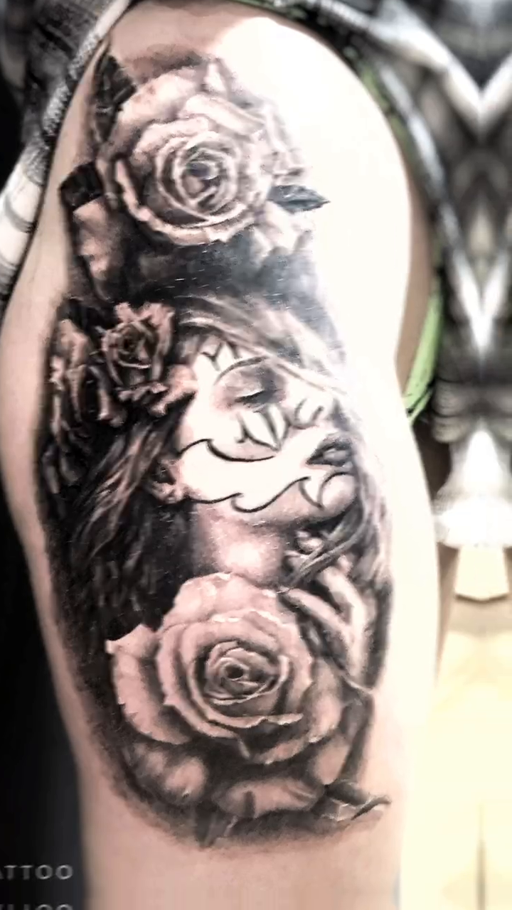 Tattoo by @emmarainetattoo — realism, black_and_grey