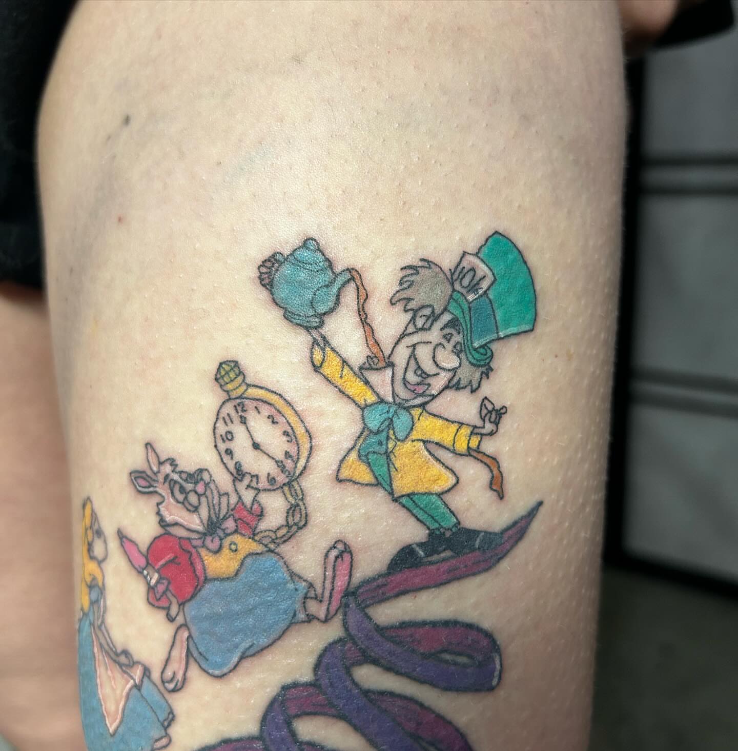 Alice in wonderland characters new school tattoo on the forearm by goose 🪿