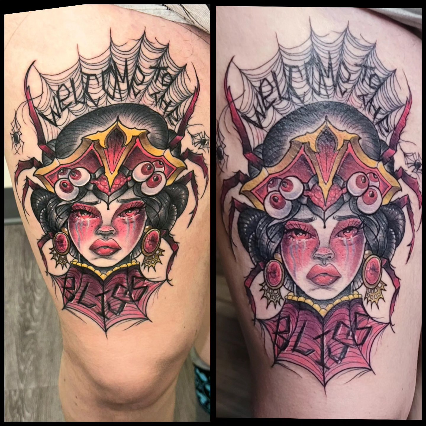 Woman with spiderweb crown neo-traditional tattoo on the thigh by Dawne Michele
