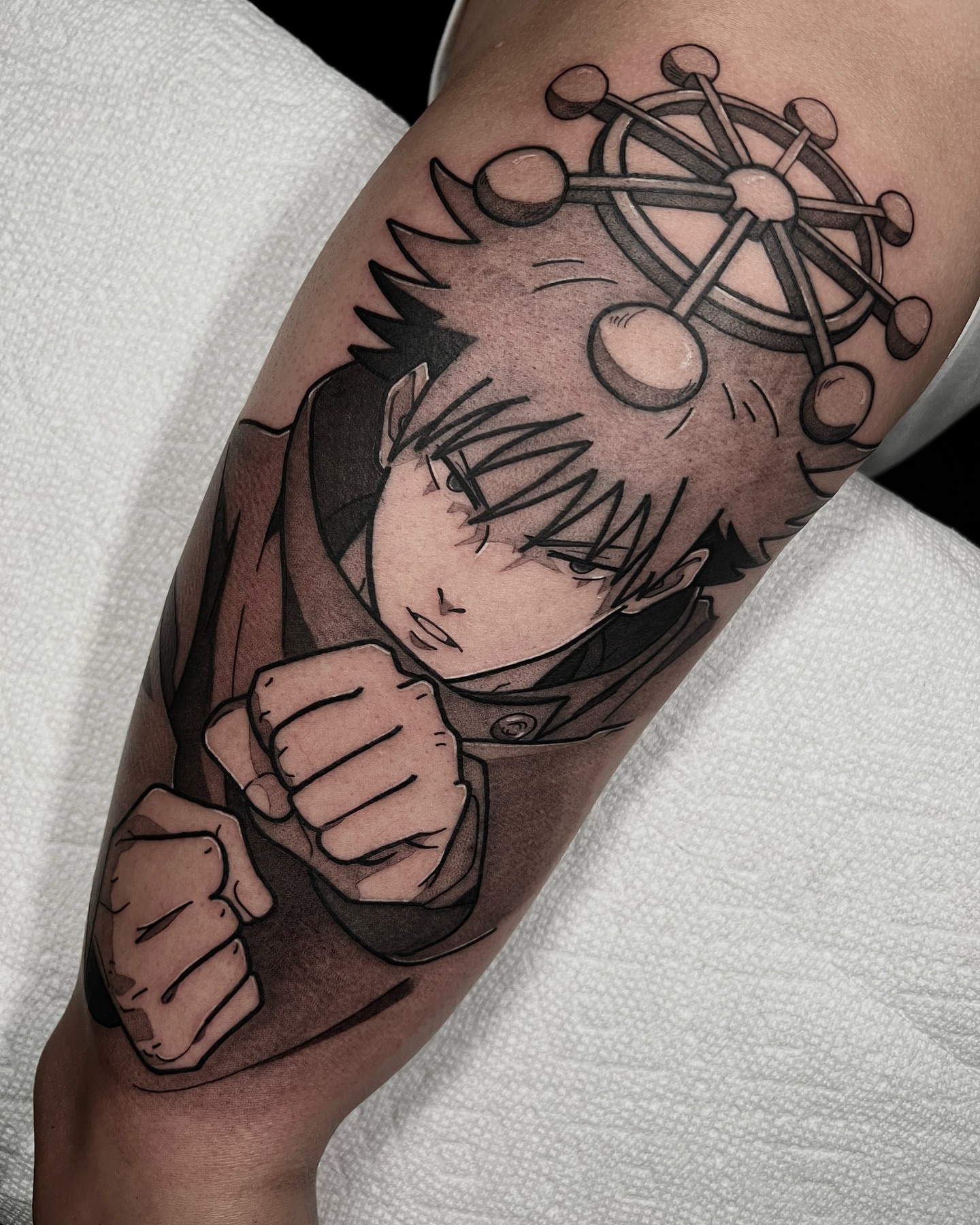 Anime character anime tattoo on the forearm by Chandler Roe