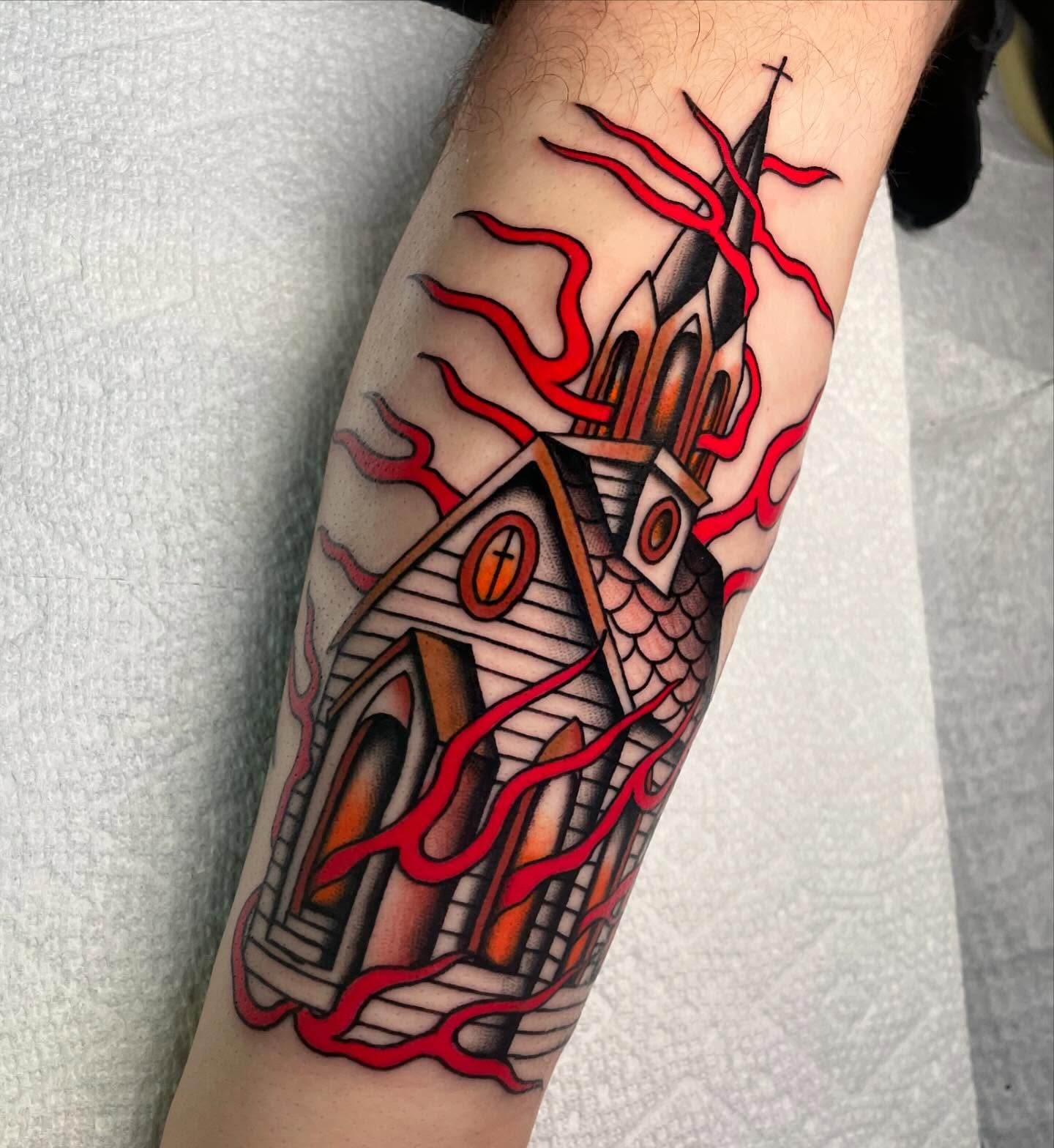 Church with flames American traditional tattoo on the forearm by Toulouse Noble, Portland, Oregon