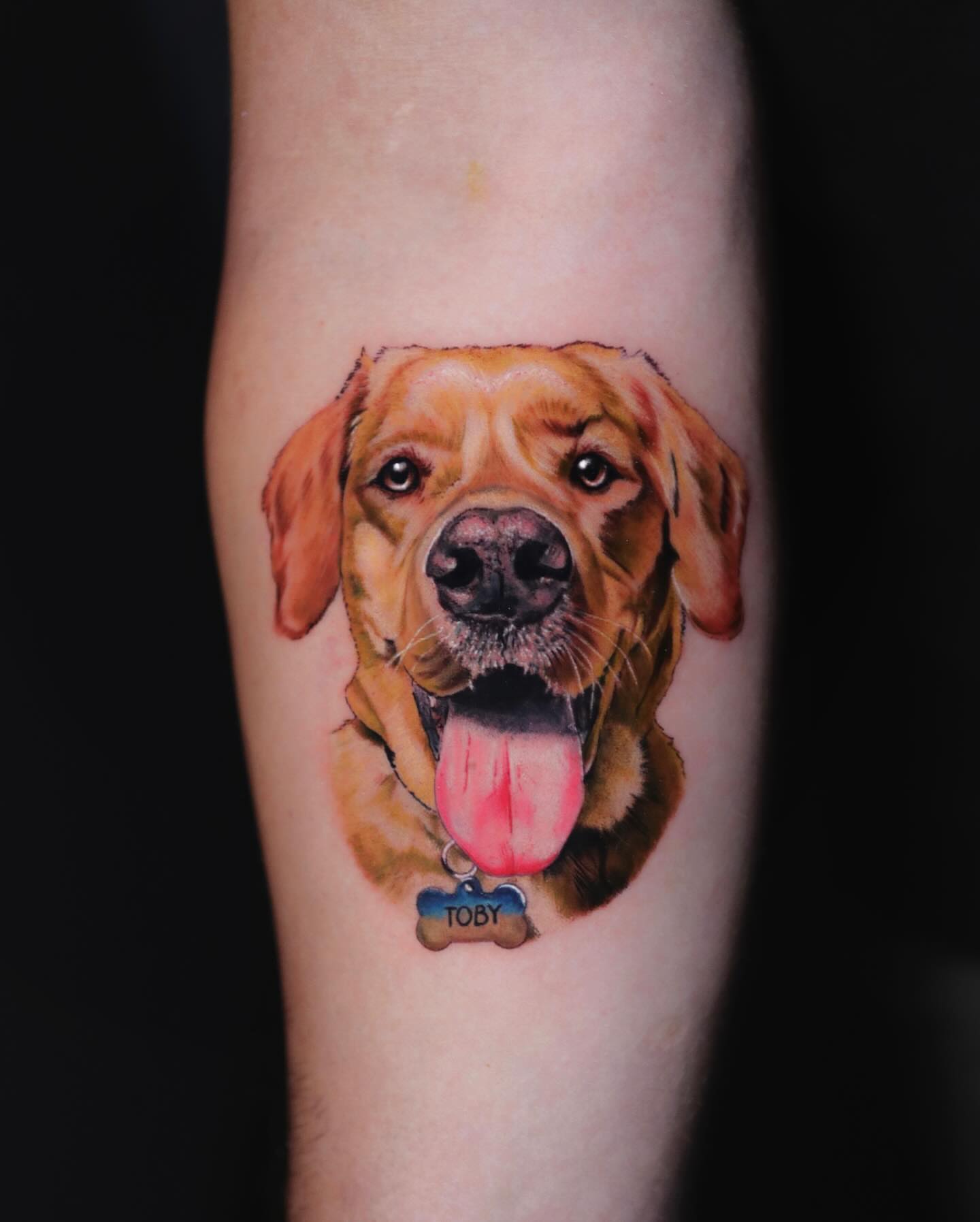 Dog realism tattoo on the forearm by Binn Binn - Houston Tattoo Artist