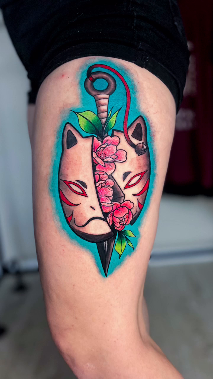 Kitsune mask with dagger and flowers japanese irezumi tattoo by Ashley Fino, Las Vegas, Nevada