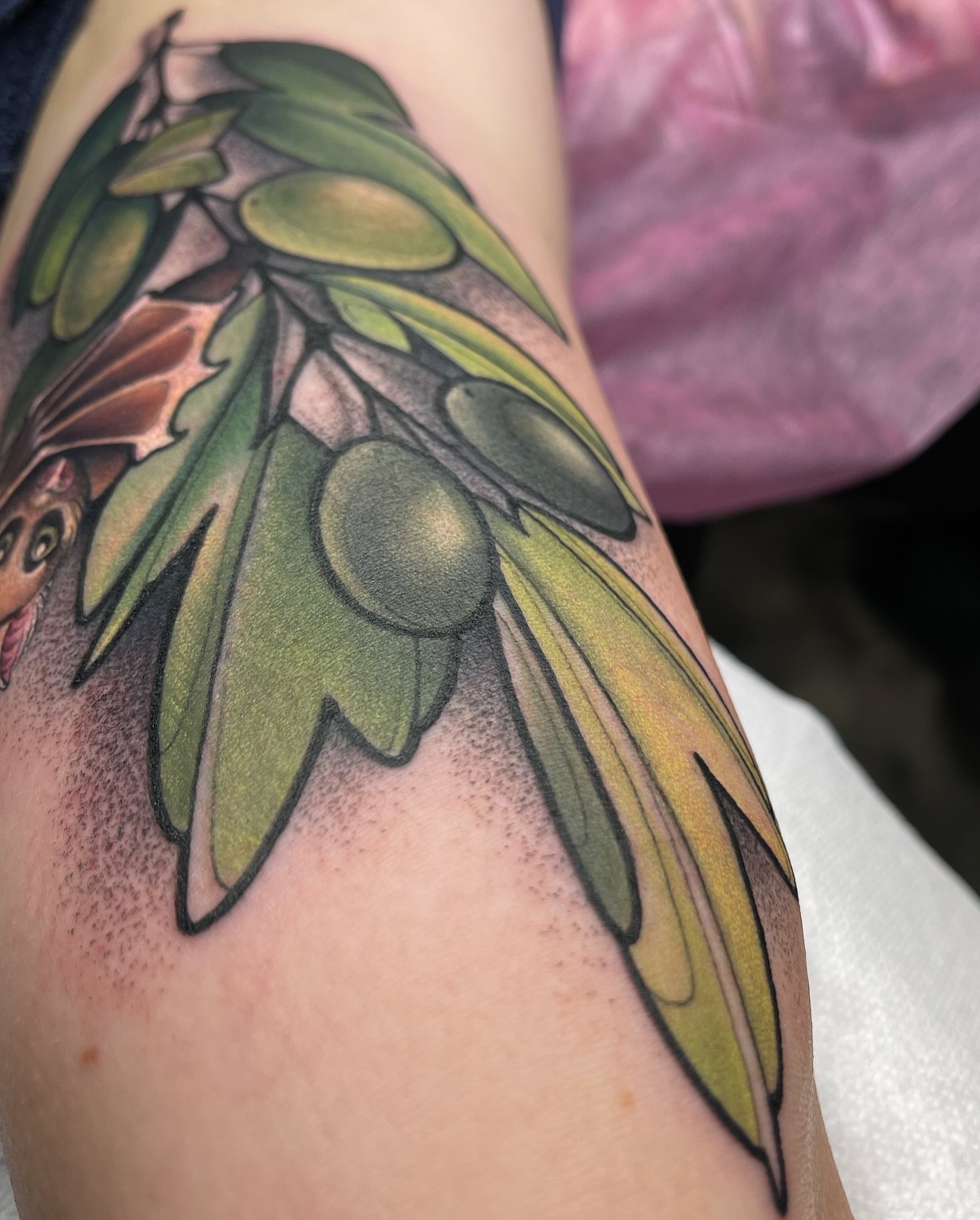 Olive branch dotwork tattoo on the upper arm by ceci✨, Edinburg, Texas