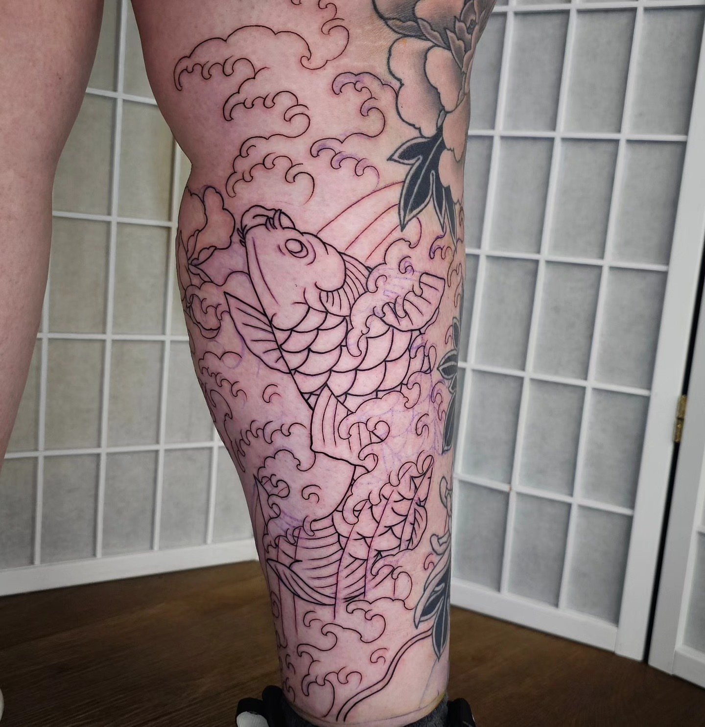 Koi fish and clouds japanese irezumi tattoo on the calf by Avelourd Legaspi