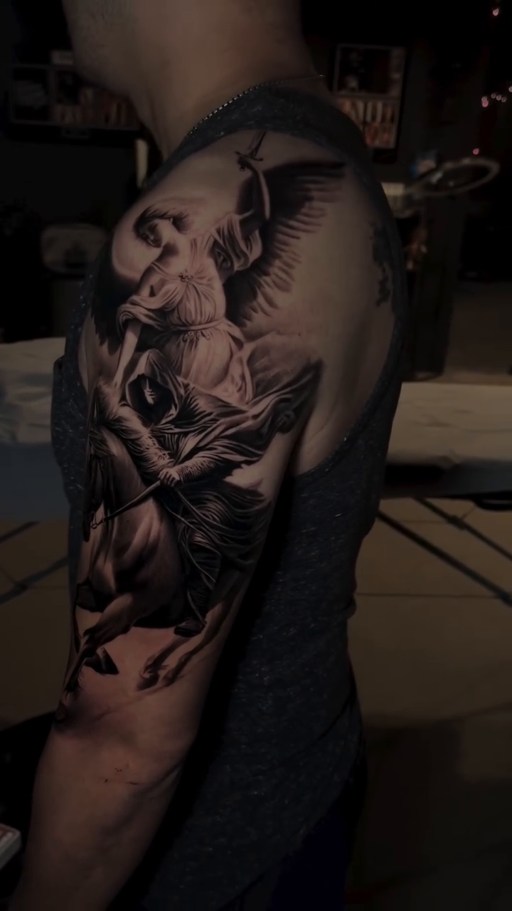 Angel on horseback realism tattoo by Martin Reyes Jr