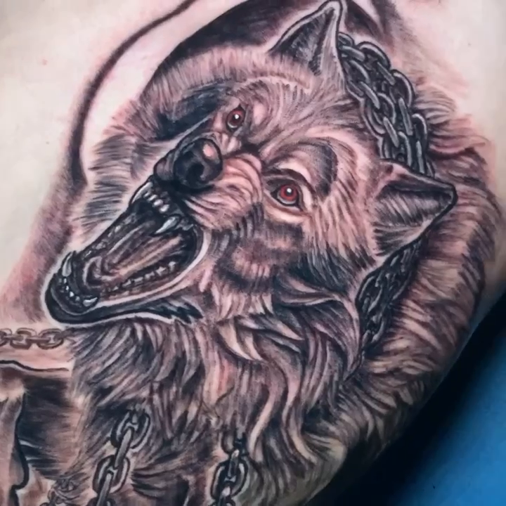 Wolf with chains realism tattoo by Jason L.