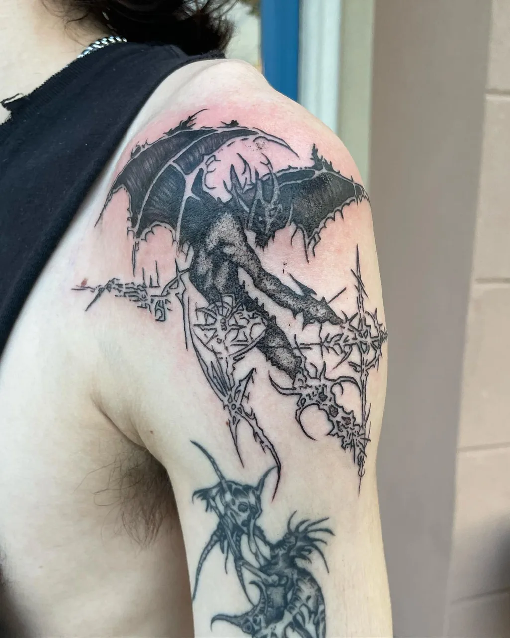 Dragon and thorns dark realism tattoo on the shoulder by lizzy, Damascus, Maryland