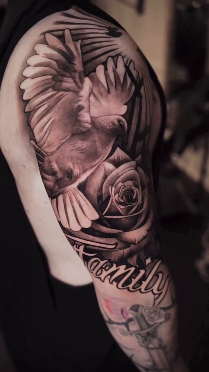 Dove, rose, and script realism tattoo by Risa