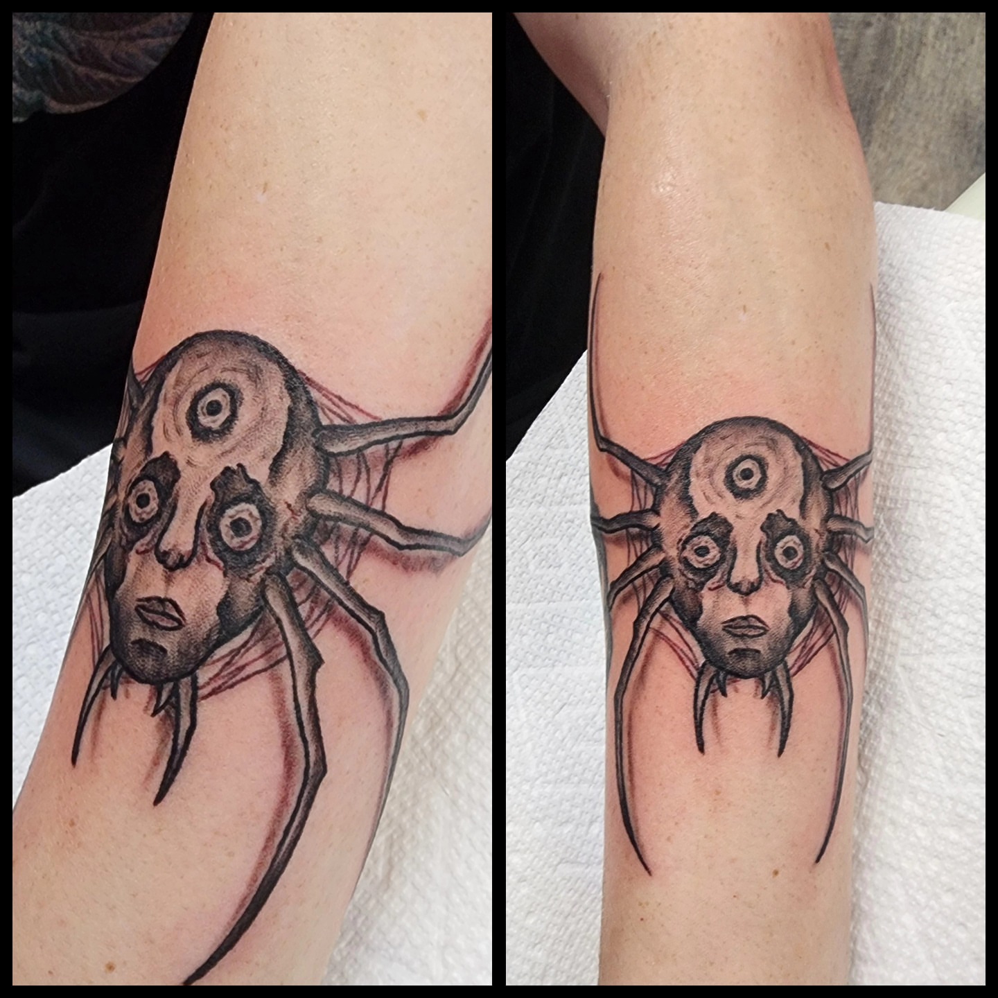 Spider with human face realism tattoo on the forearm by @thedevilspaintbrush_