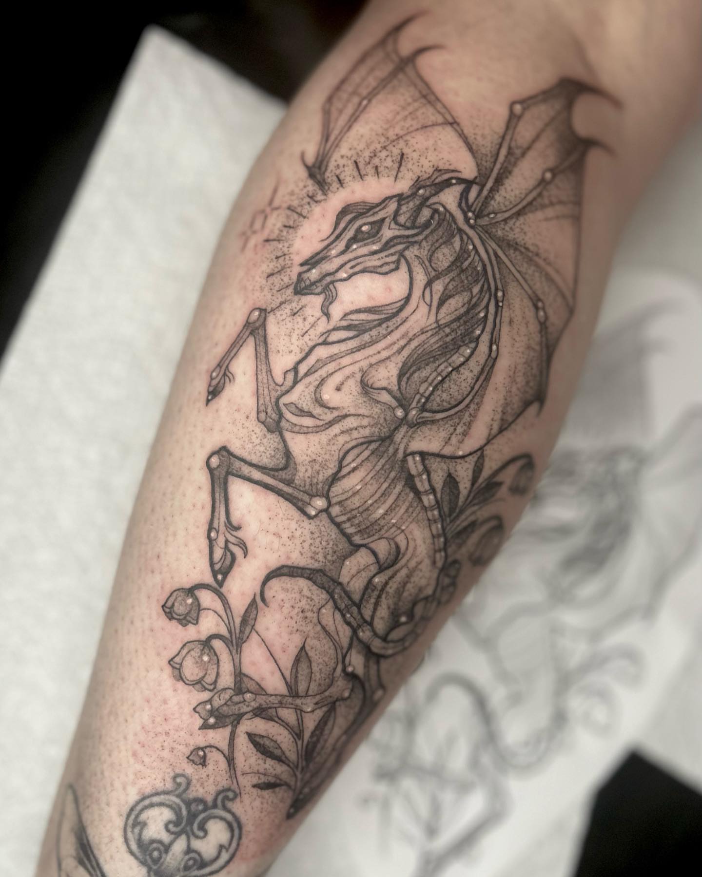 Tattoo by @lovelytattooing — dotwork, black_and_grey