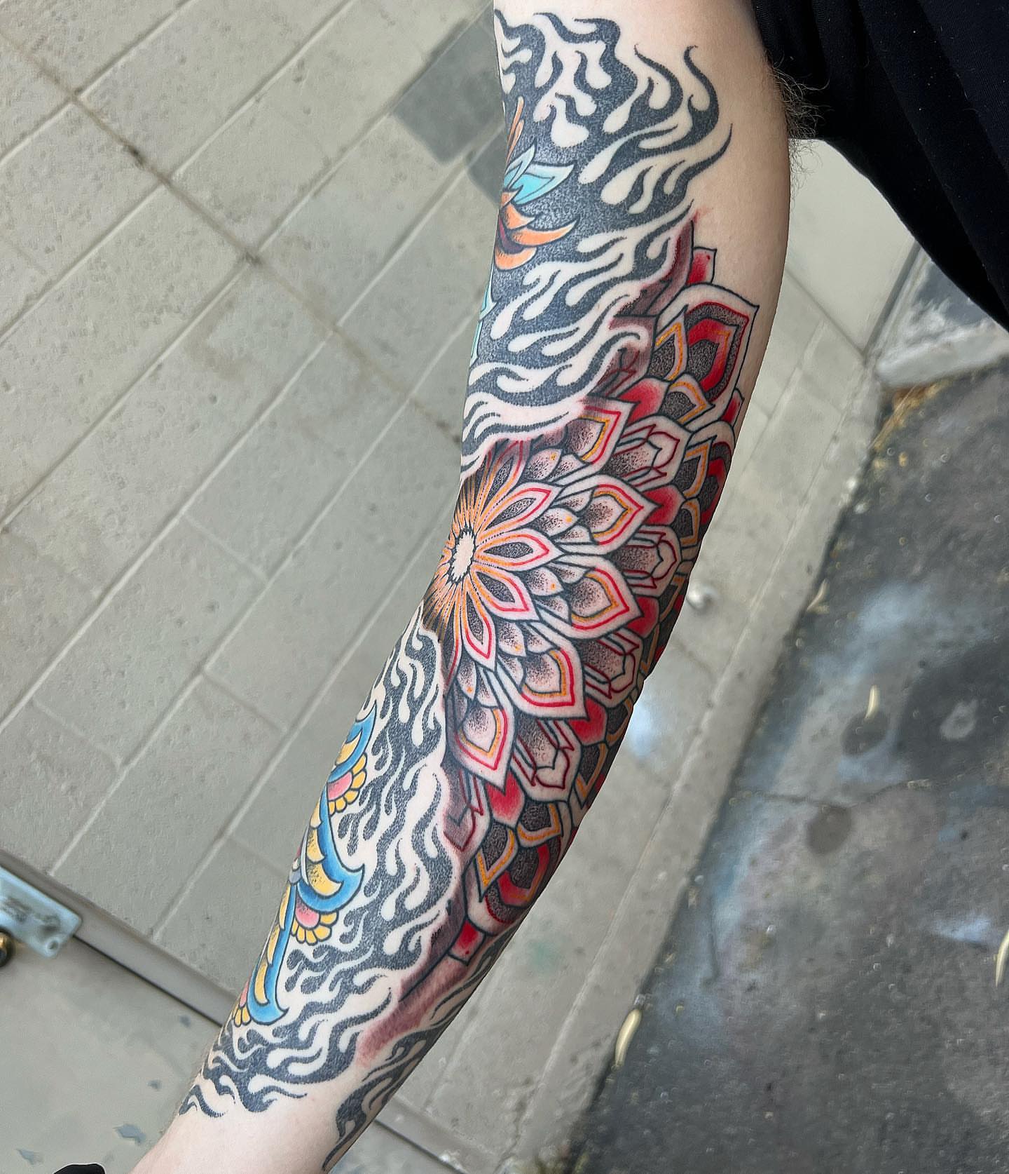 Mandala geometric tattoo on the forearm by Byron Winkelman, Gilbert, Arizona