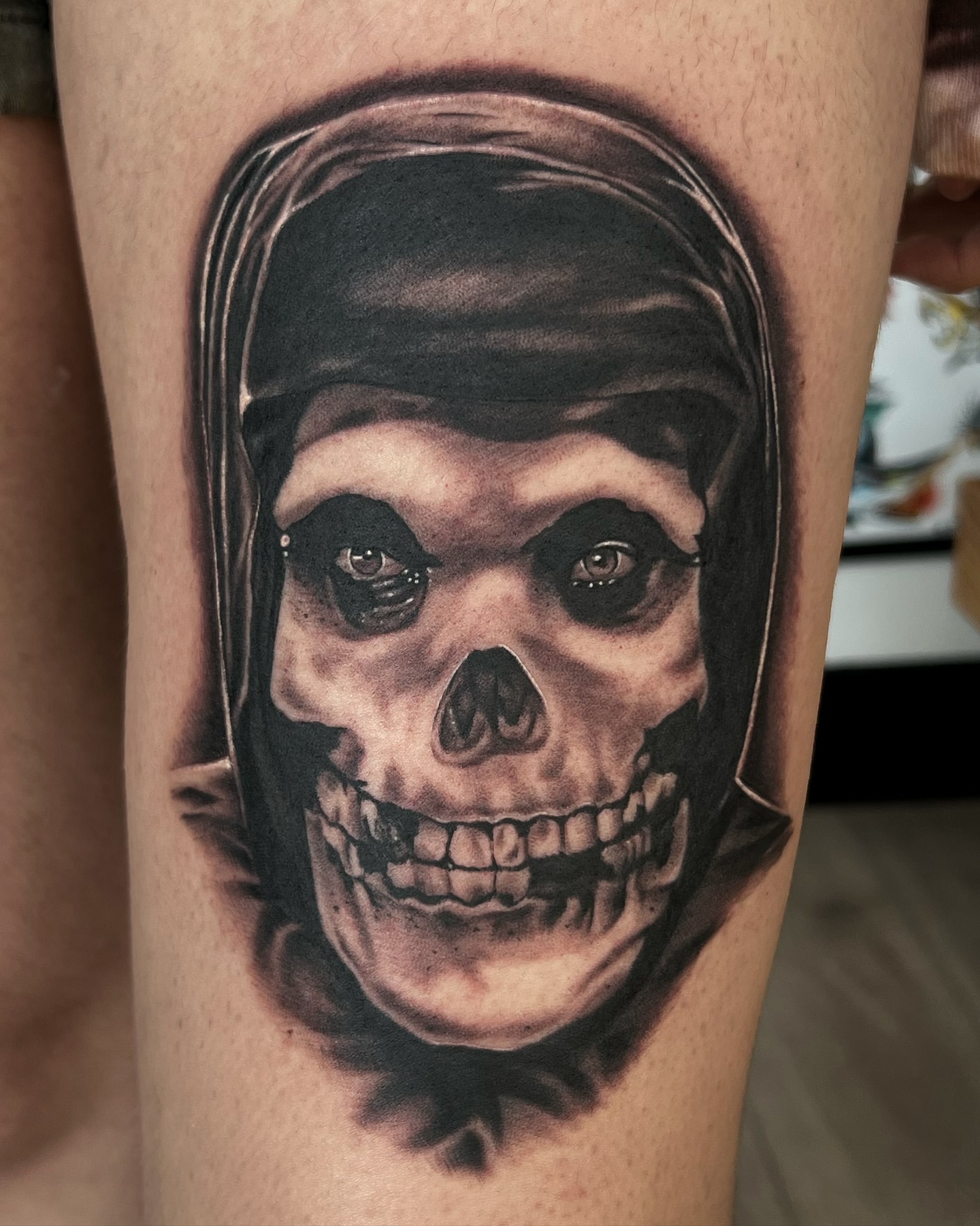 Skull realism tattoo on the forearm by Nick Bridwell, Downey, California