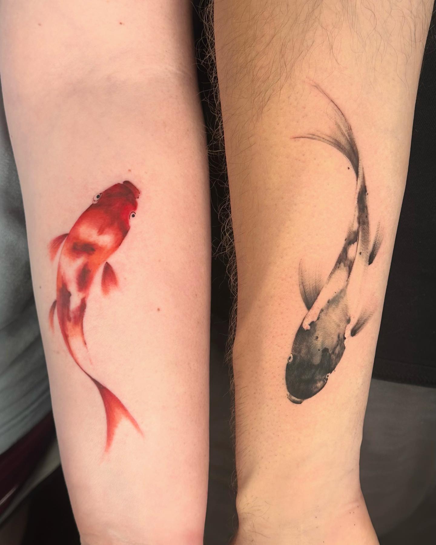 Koi fish realism tattoo on the calf by Alice Li, Houston, Texas