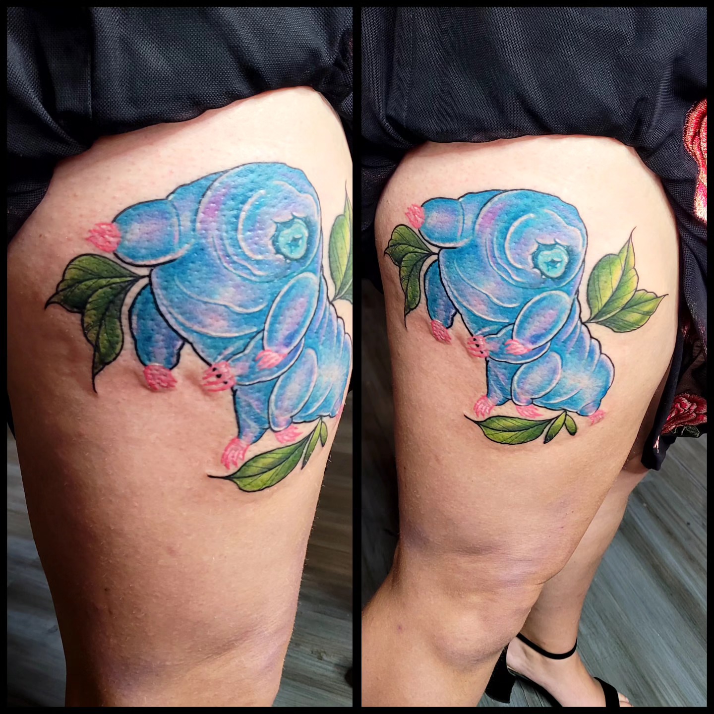 Blue rose watercolor tattoo on the thigh by Dawne Michele