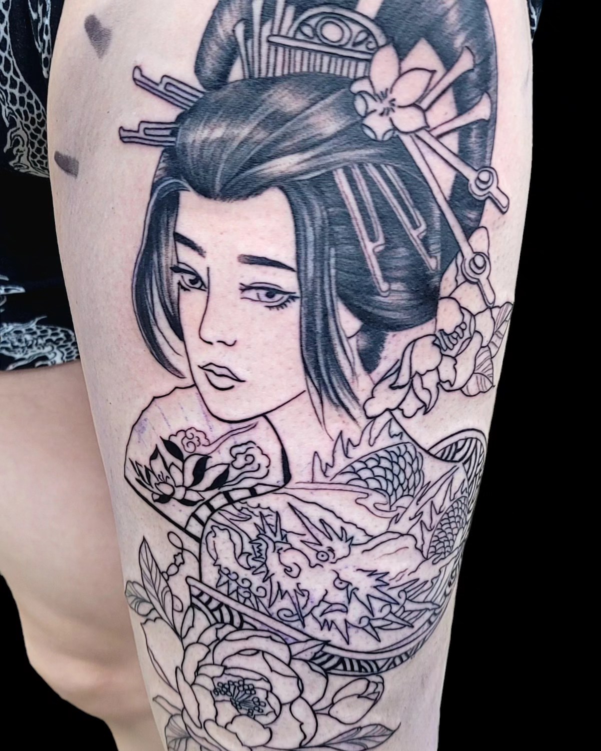 Tattoo by @bigcdotatts — black_and_grey, japanese_irezumi