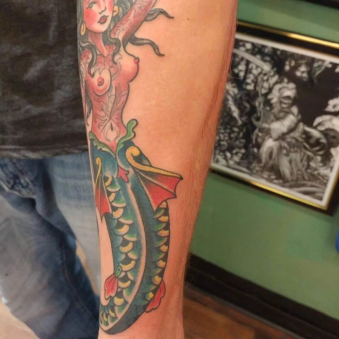 Mermaid American traditional tattoo on the forearm by Mark Harada, Hoboken, New Jersey