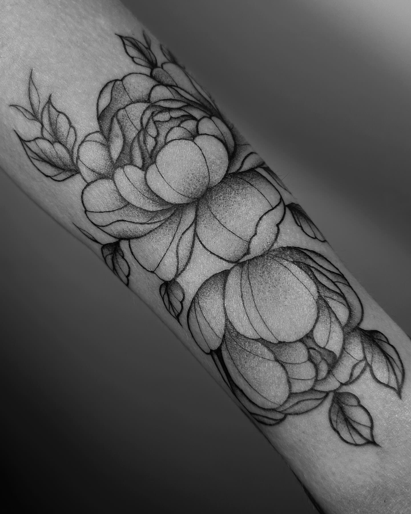 Peony flowers dotwork tattoo on the forearm by ꕥ LANA MOON TATU ꕥ