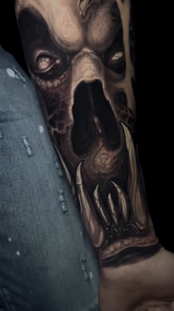 Tattoo by @aaronmtattoos — dark_realism, black_and_grey