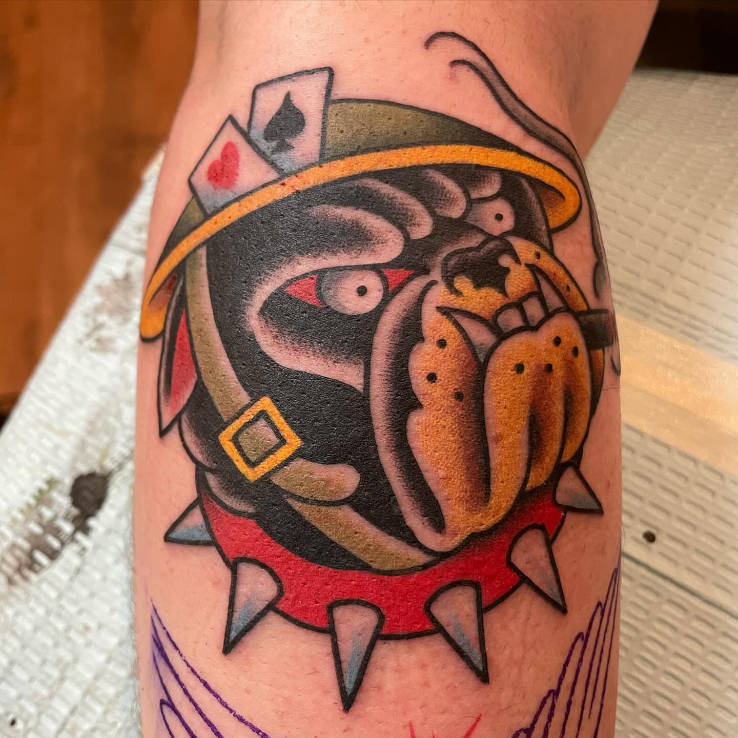 Bull and cards American traditional tattoo on the forearm by Grandma Approved, Chicago, Illinois