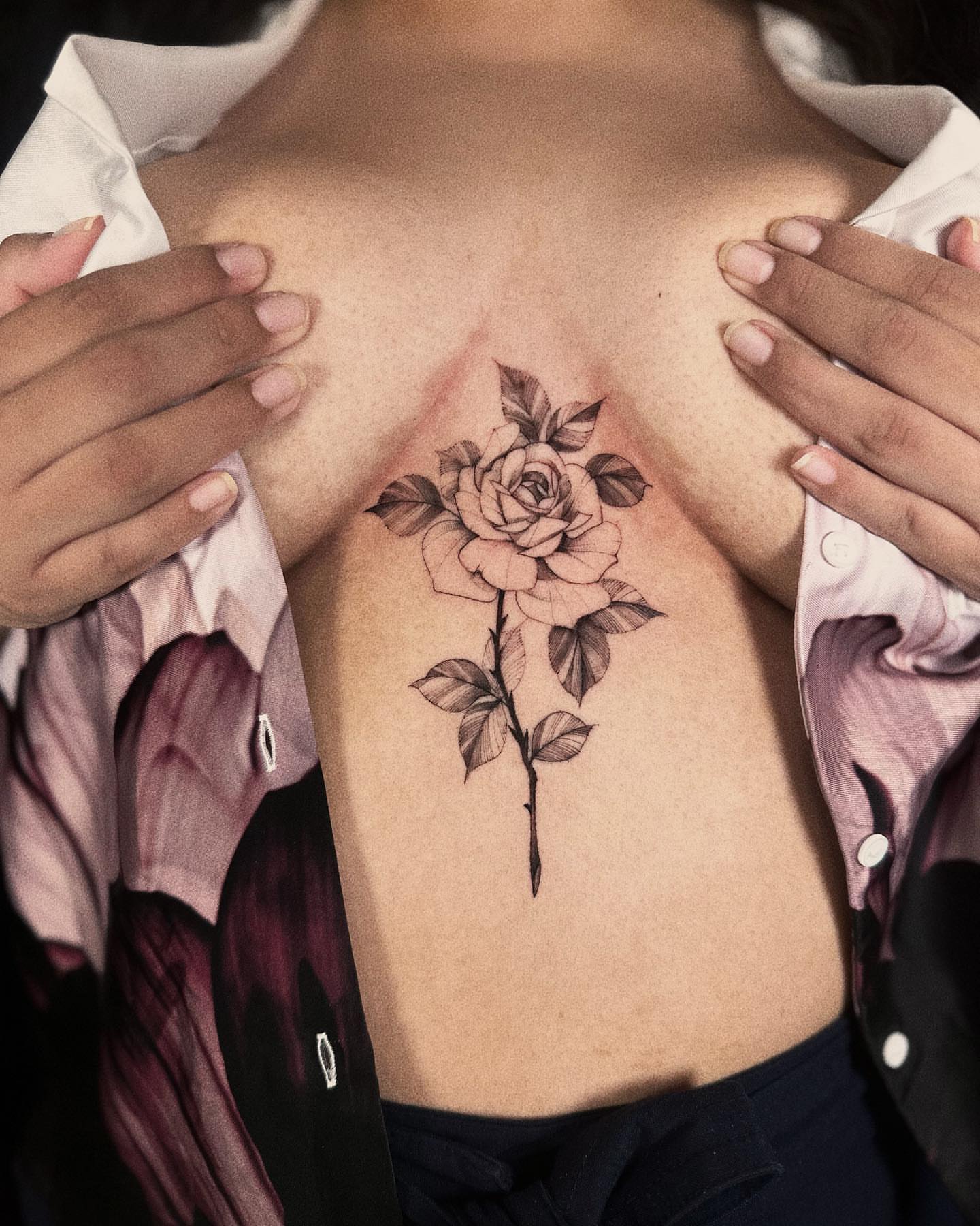 Rose black and grey tattoo on the chest by Alice Li, Houston, Texas