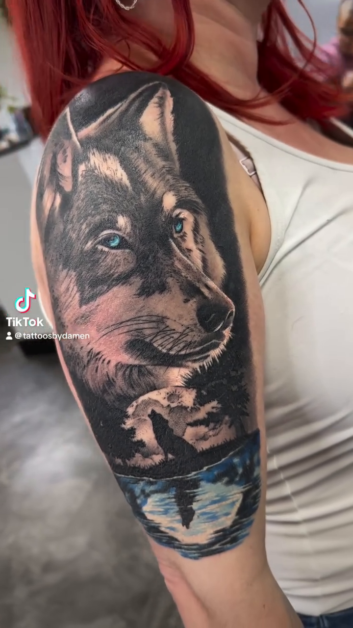 Wolf portrait with landscape realism tattoo by ✥ Daemon Downing ✥ Kansas Tattoo Artist ✥, Wichita, Kansas