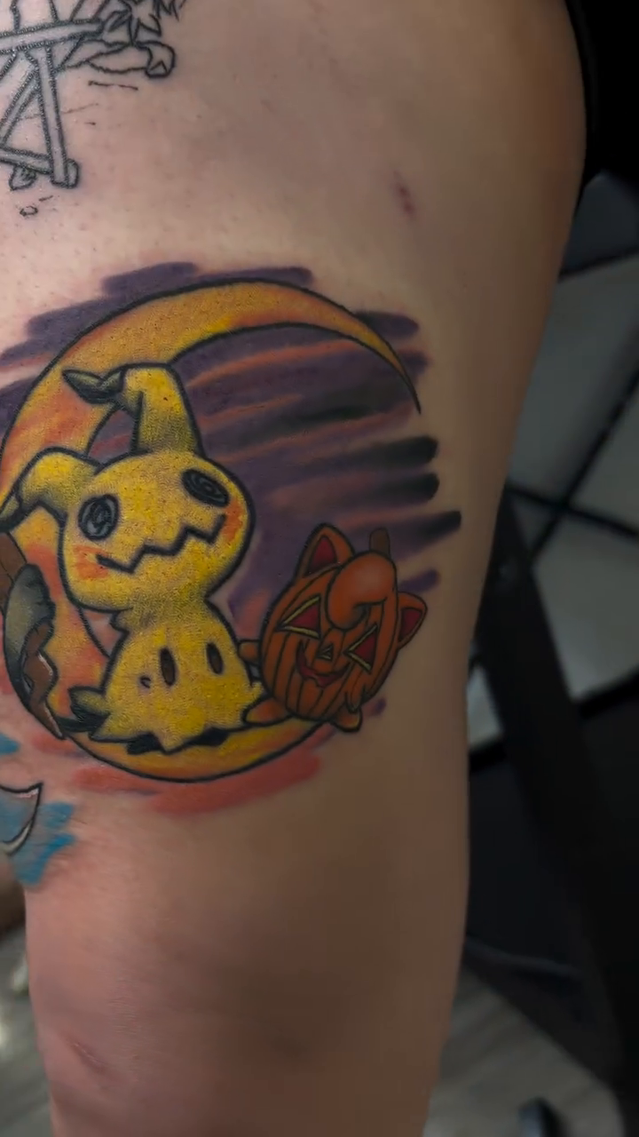 Pokemon characters with Christmas theme new school tattoo by Ryan Walker