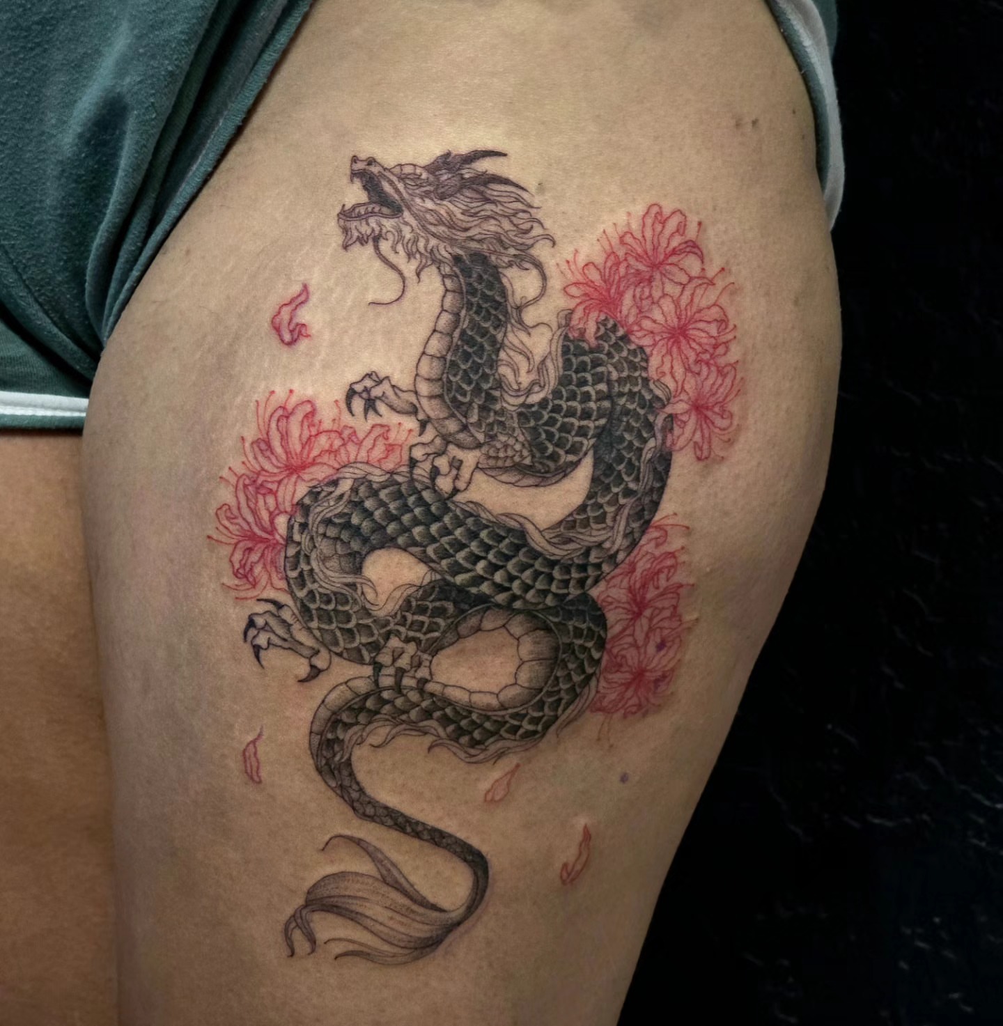 Dragon and chrysanthemums japanese irezumi tattoo on the thigh by Utah Tattoo Artist