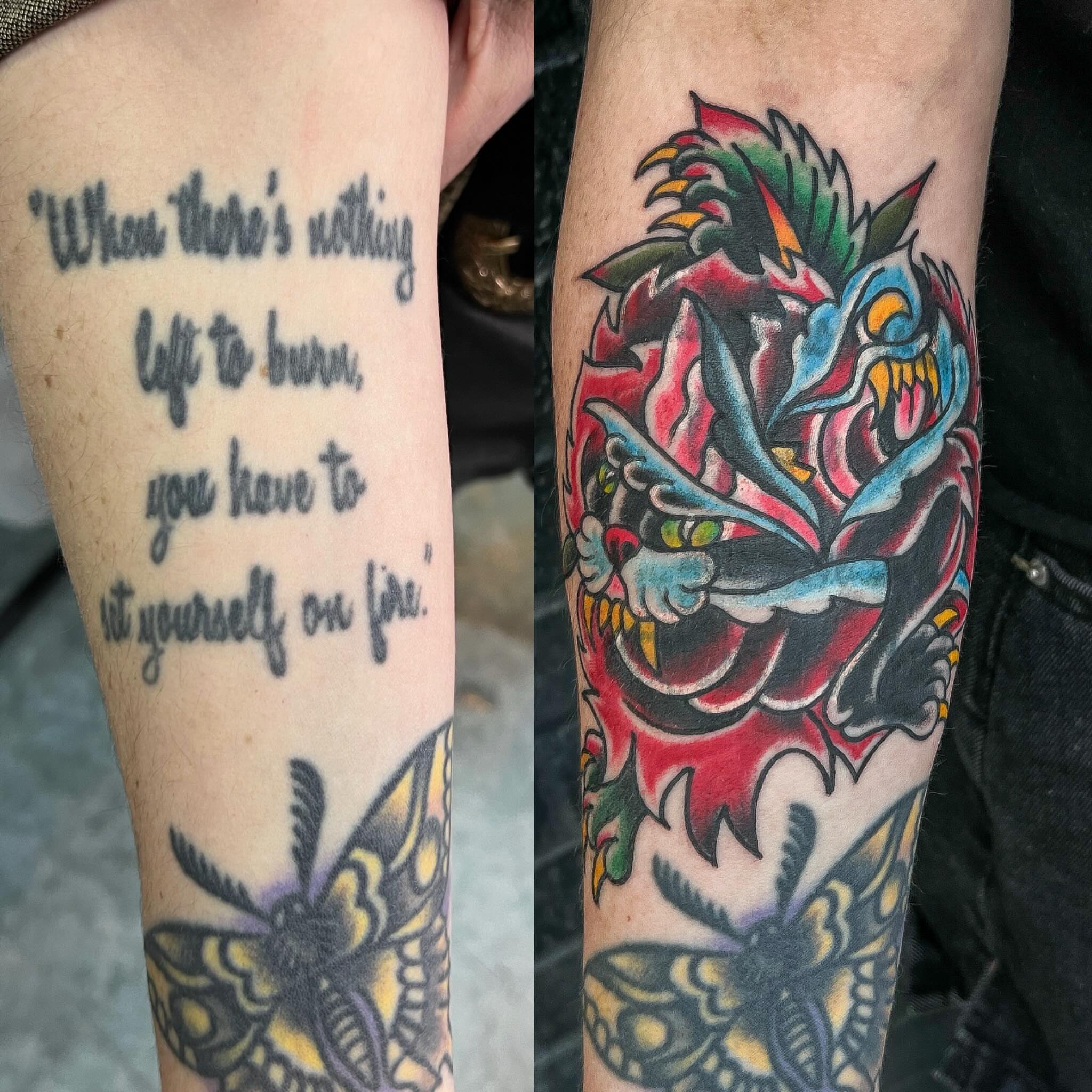 Motivational quote American traditional tattoo on the forearm by Scott Allen