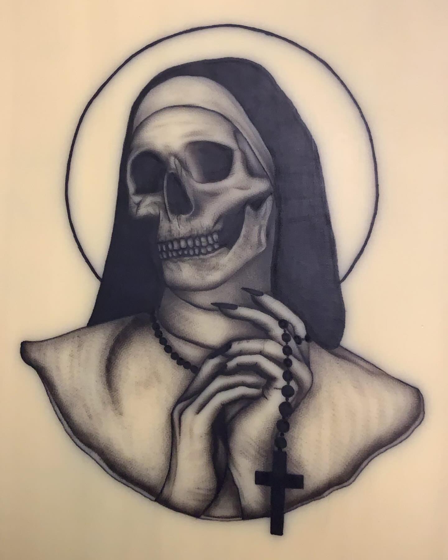 Skeleton nun dark realism tattoo on the chest by Emily‹𝟹