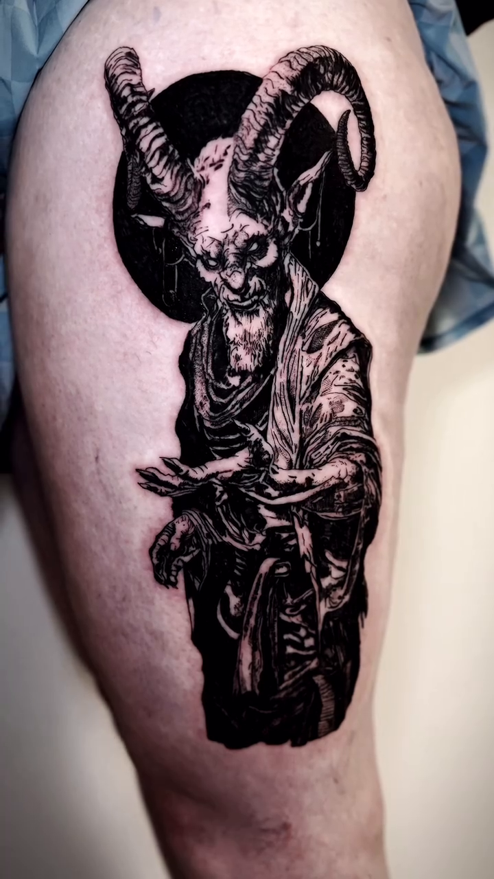 Baphomet holding a bird dark realism tattoo by Bwk Dark Art