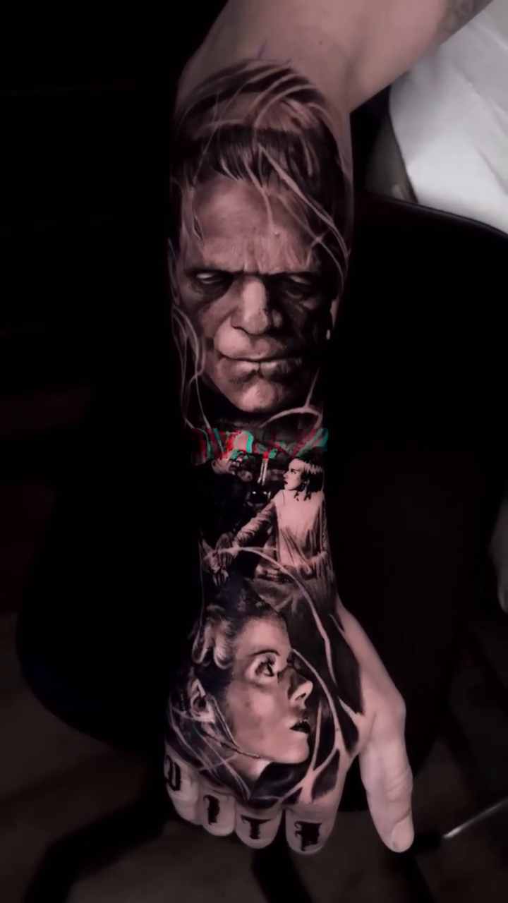 Frankenstein's monster and bride realism tattoo by Armando Galán 🇨🇱🇺🇸