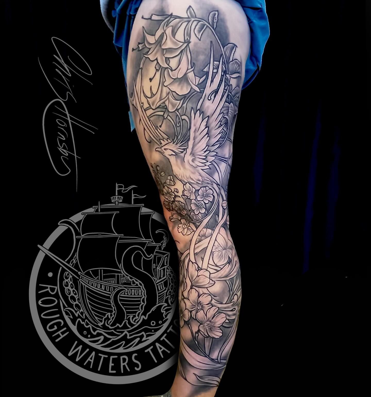 Bird and floral realism tattoo on the forearm by Chris Hornsby