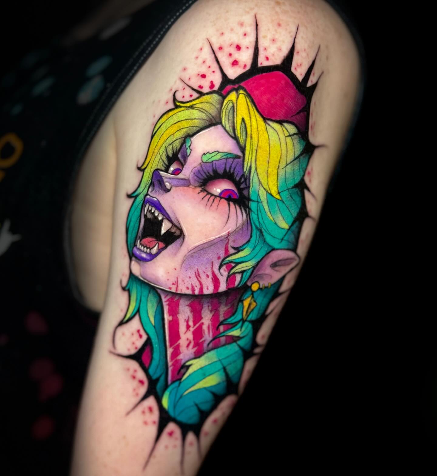 Female vampire new school tattoo on the shoulder by 𝖟𝖊𝖓𝖋𝖚𝖑𝖑