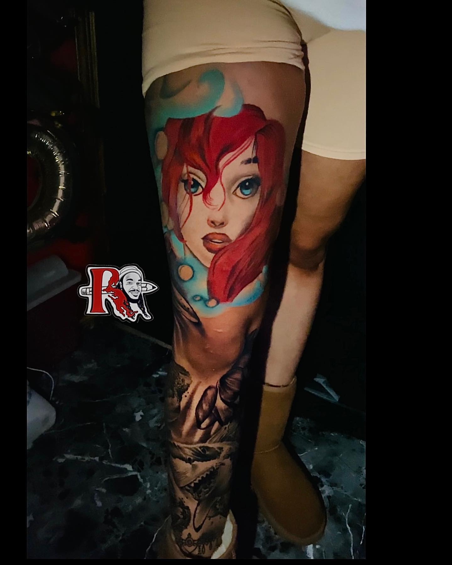 Anime character dotwork tattoo on the thigh by Chicago Tattoo Artist
