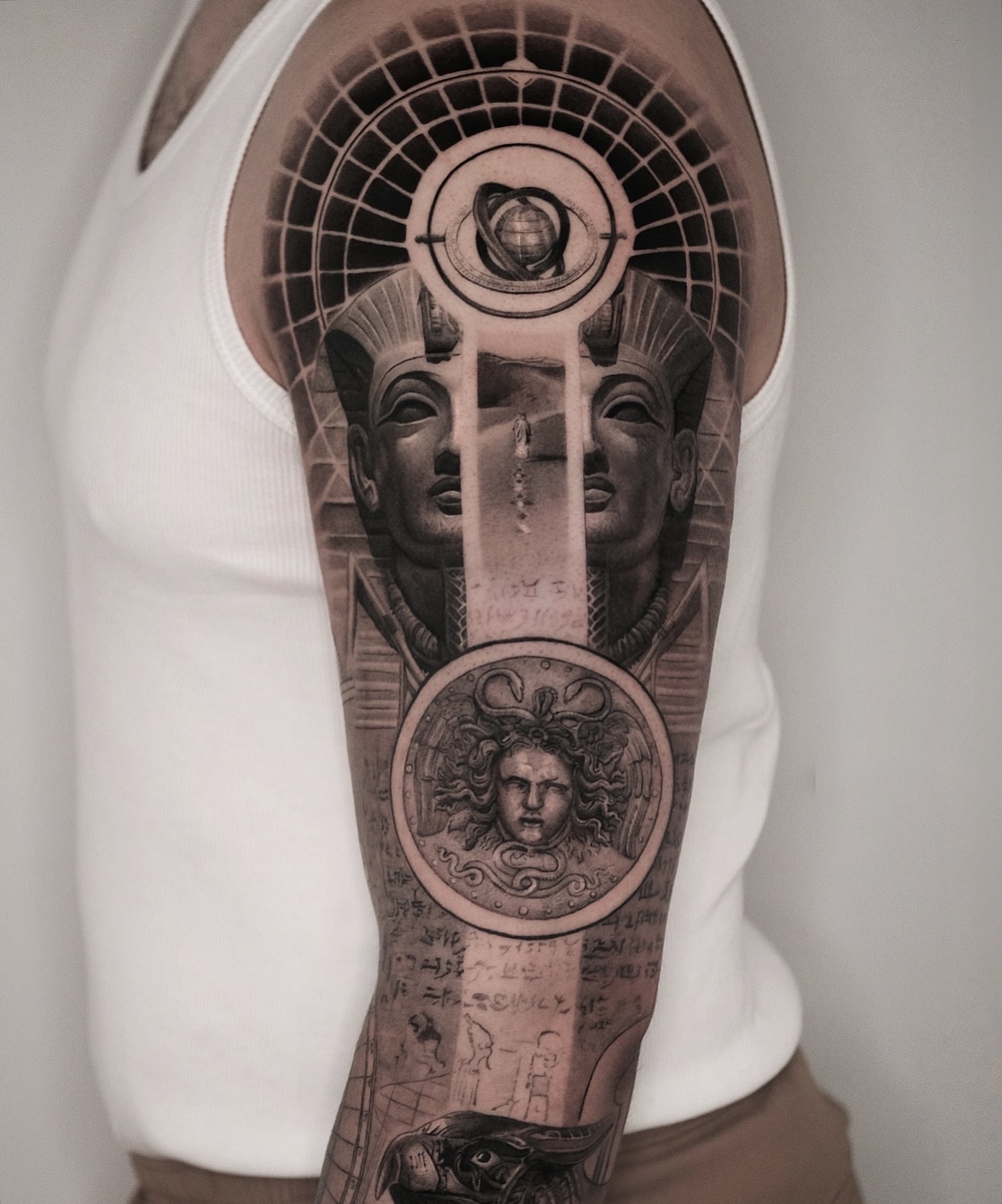 Ancient Egyptian deities geometric tattoo on the forearm by Dopamine