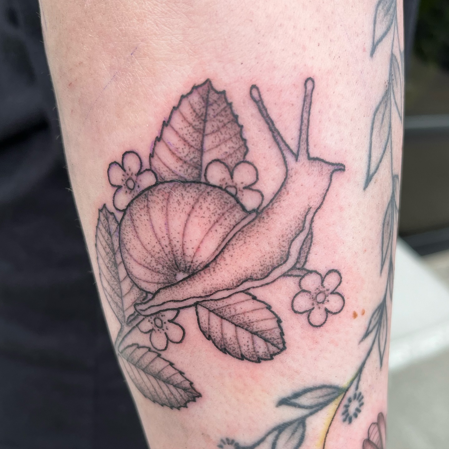 Snail and flowers dotwork tattoo on the forearm by Tina Petrullo, West Chester Township, Butler County, Ohio