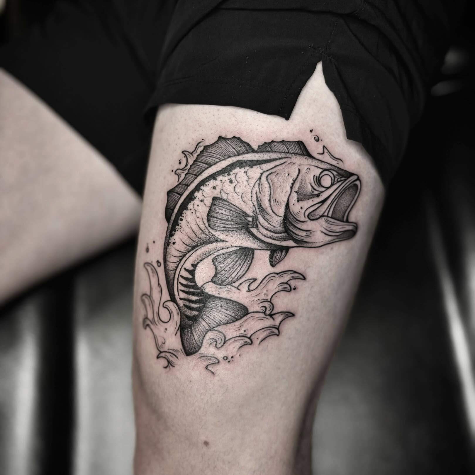 Fish black and grey tattoo on the forearm by t a y l o r