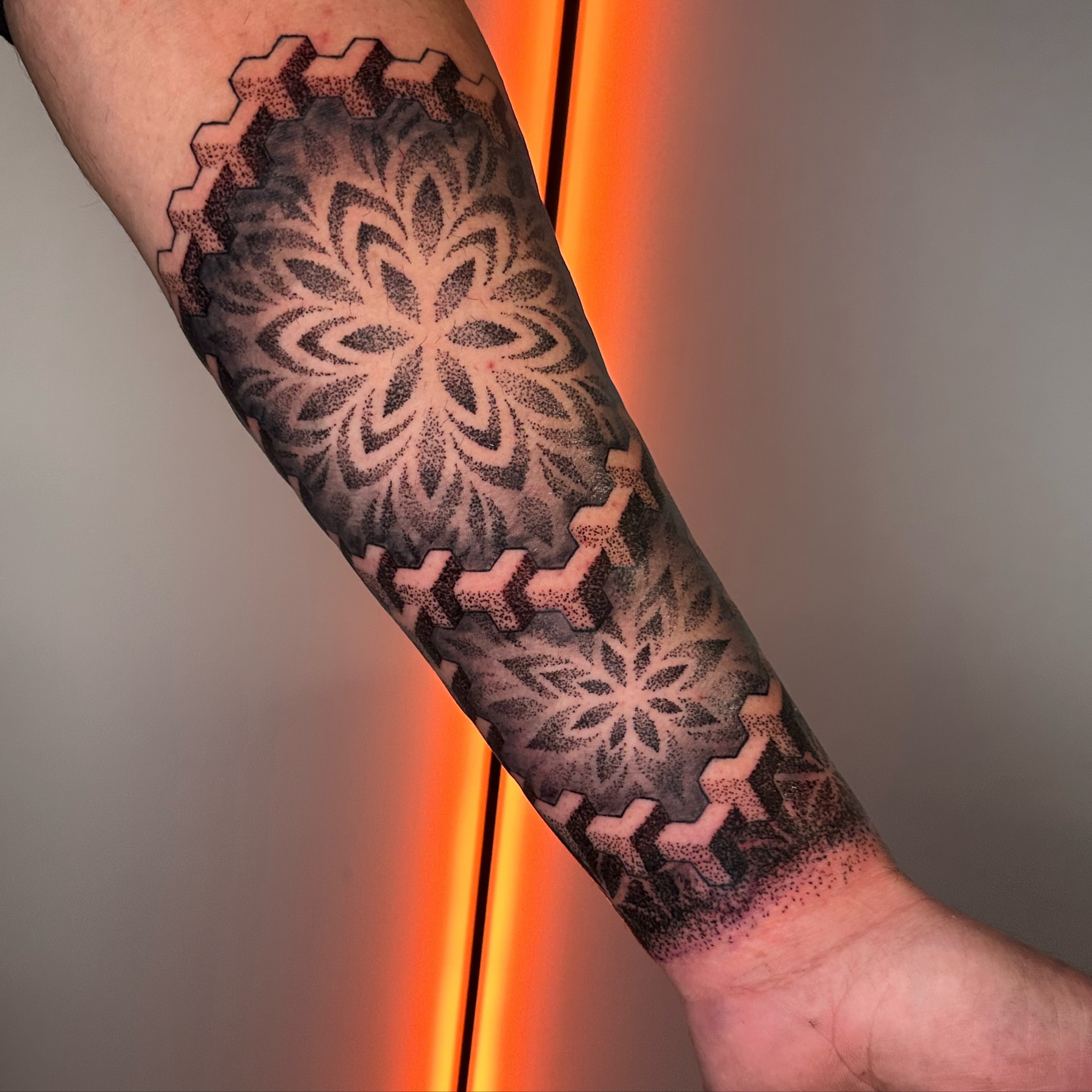 Tattoo by @romanostattoo — dotwork, geometric