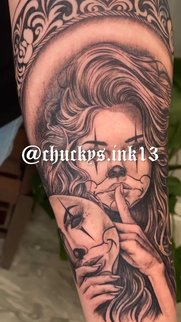 Woman with masks realism tattoo by Sloe Rivera