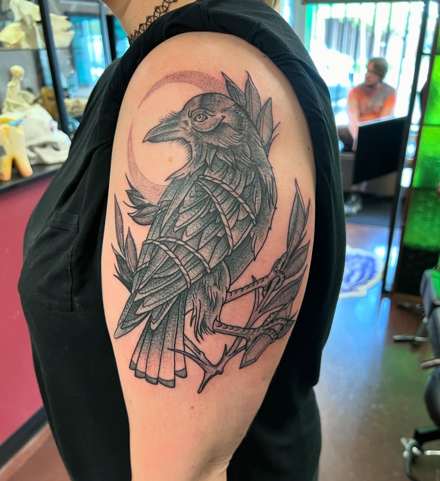 Crow dotwork tattoo on the shoulder by Cody Marl