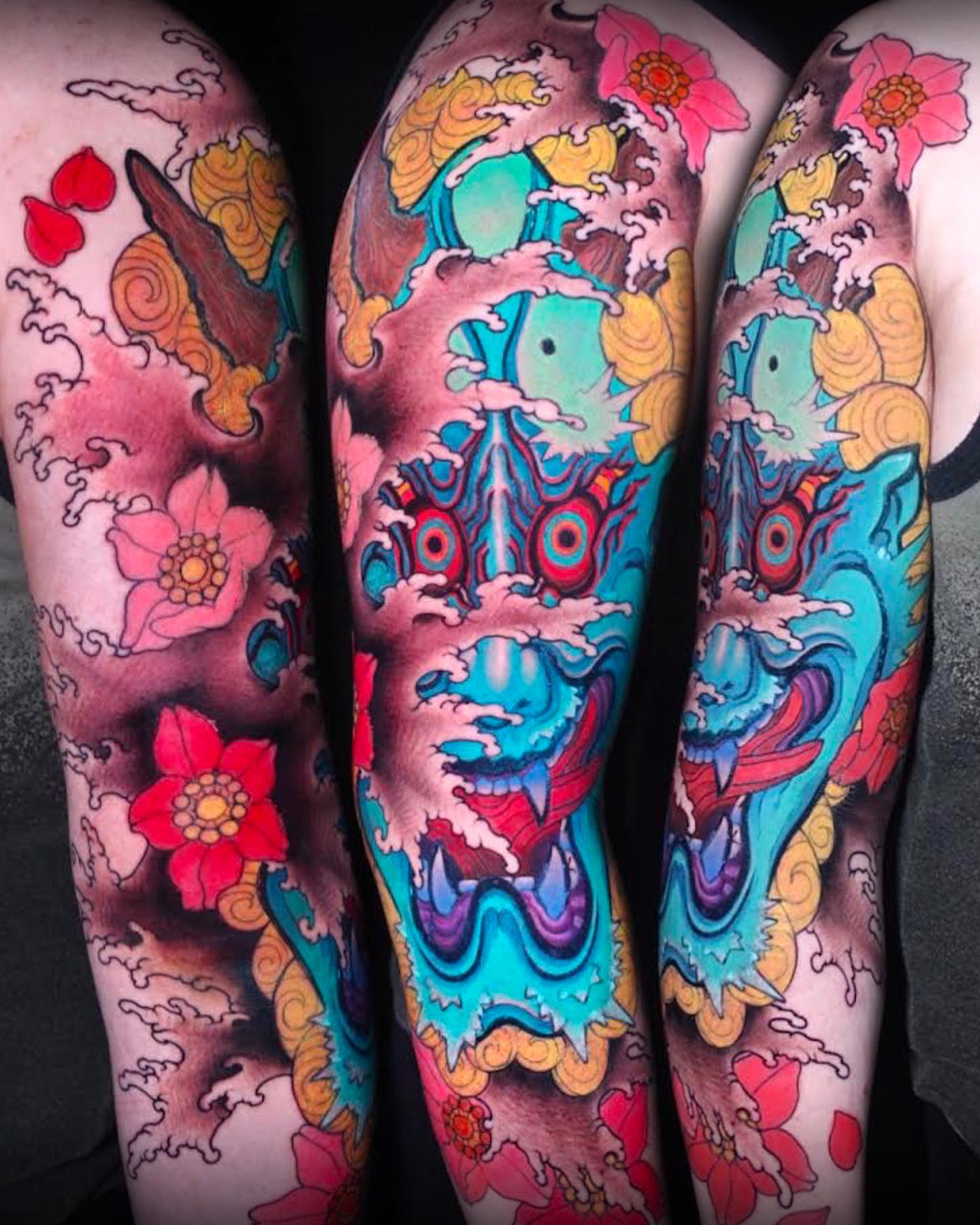 Mask and flowers japanese irezumi tattoo on the forearm by Alezumie