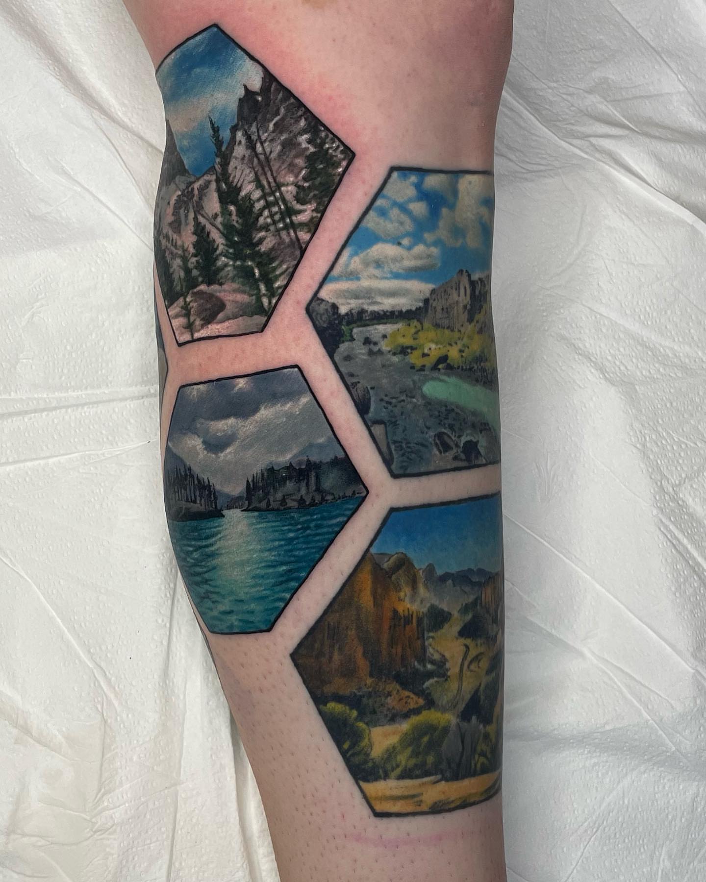 Landscape geometric tattoo on the forearm by Ericksen Linn