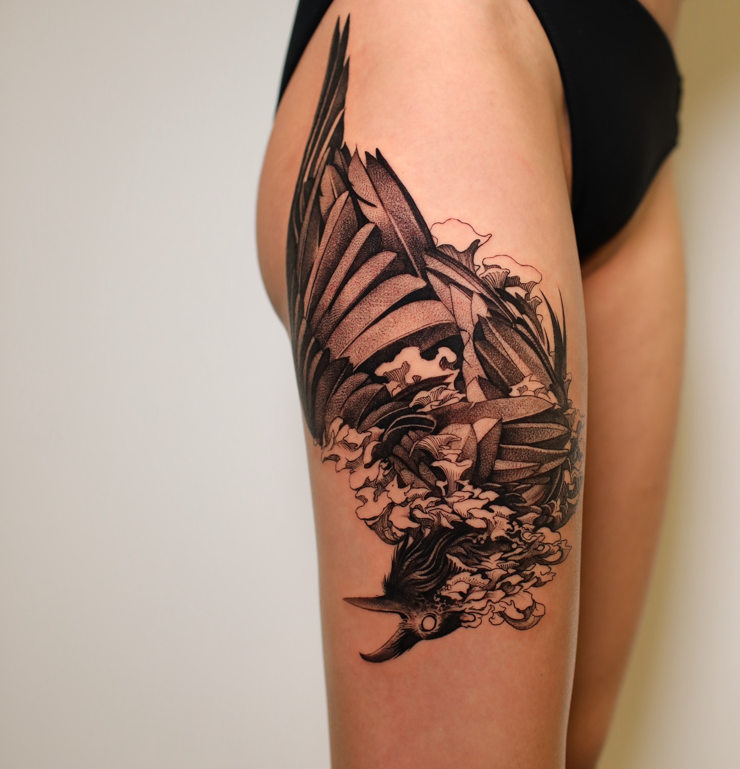 Crow dotwork tattoo on the forearm by Strokin Konstantin