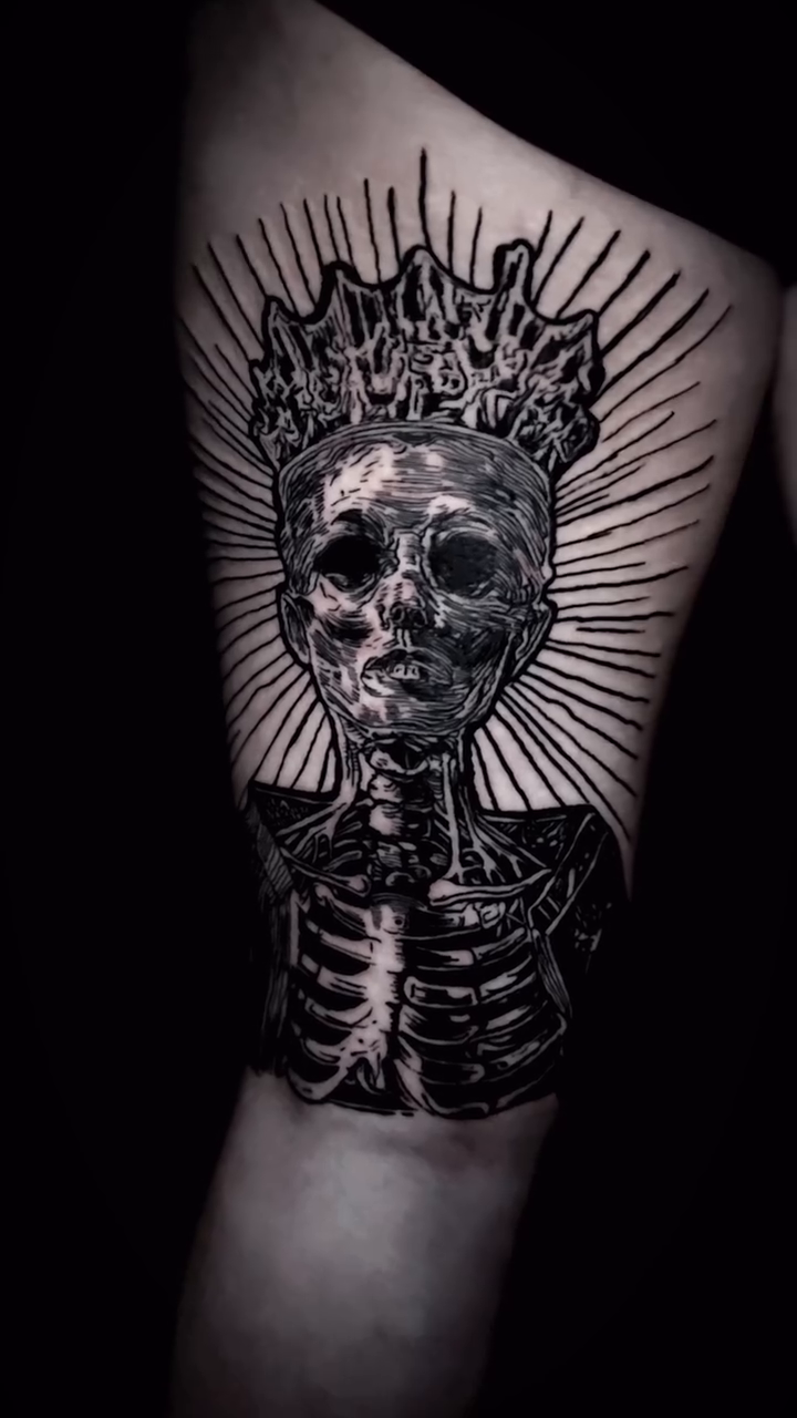 Skeleton with crown dark realism tattoo by Bwk Dark Art