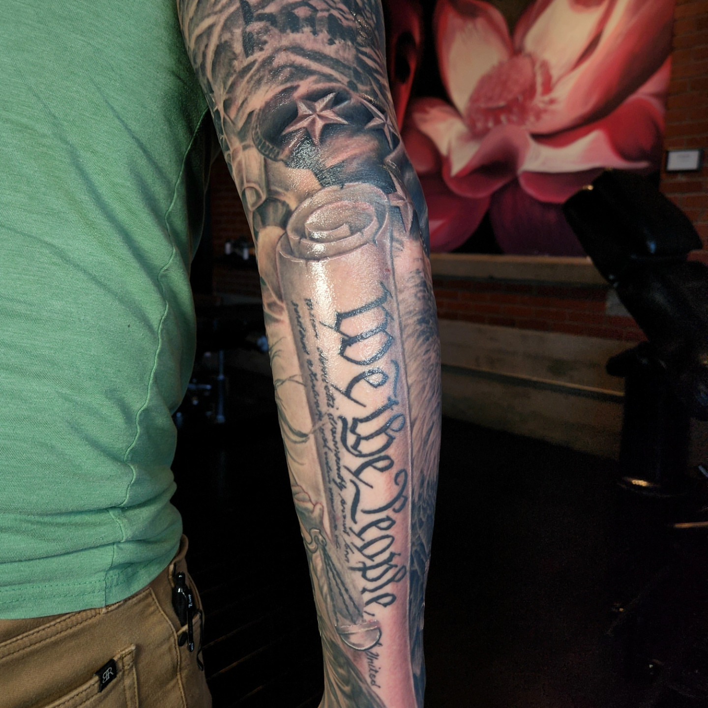 We the People realism tattoo on the forearm by Jake Goss, Salt Lake City, Utah