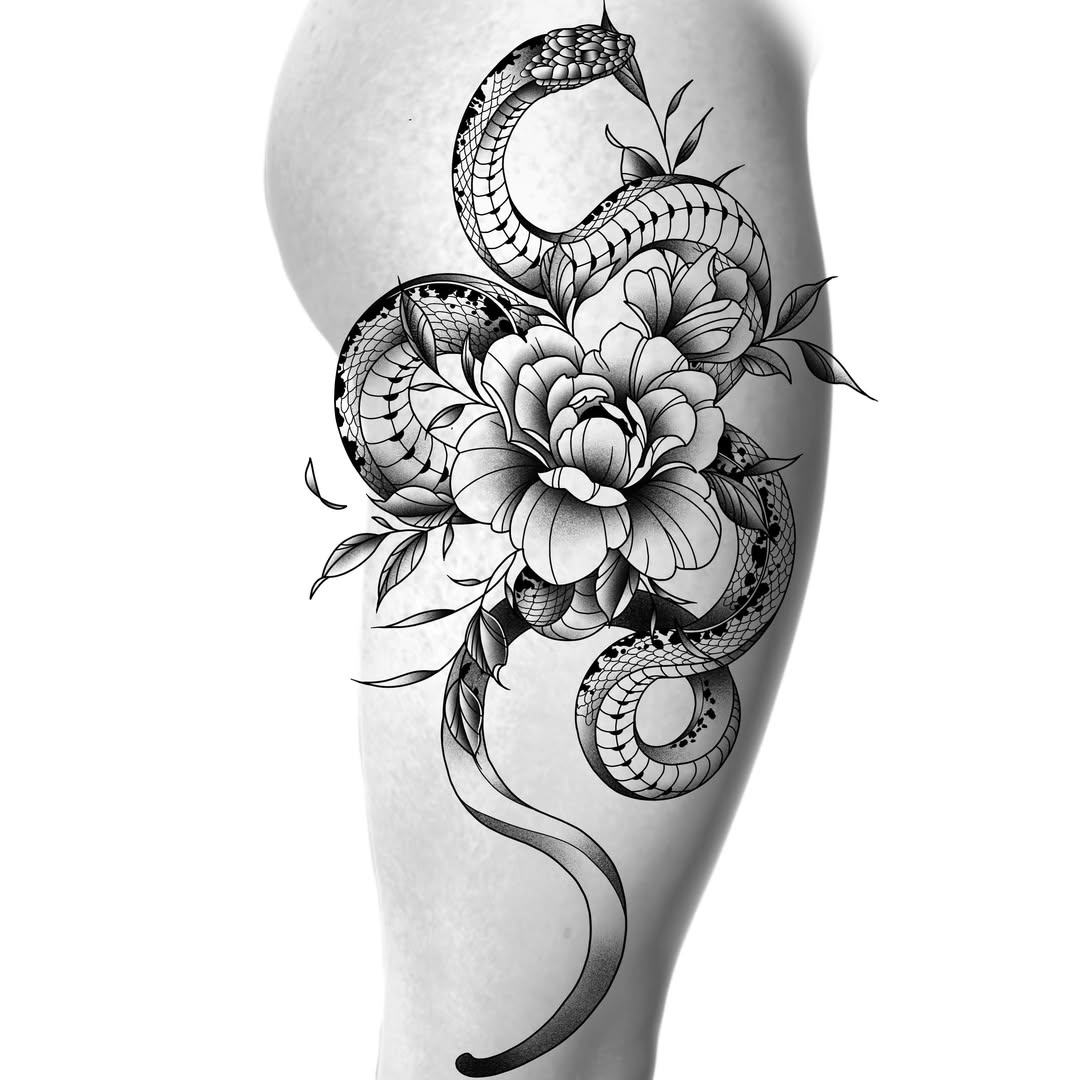 Snake and peony black and grey tattoo on the calf by Bryan Black